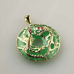 Disc-Dragon-Phoenix-14K-Solid-Gold-Green-Jade-pendant